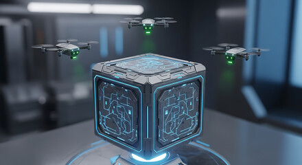 Futuristic Cube with Drones Hovering HighTech Innovation Display.