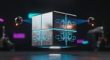 Futuristic drones scanning a glowing technological data cube.