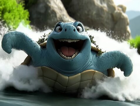 Cheerful Animated Sea Turtle Surfing the Waves with Joyful Expression