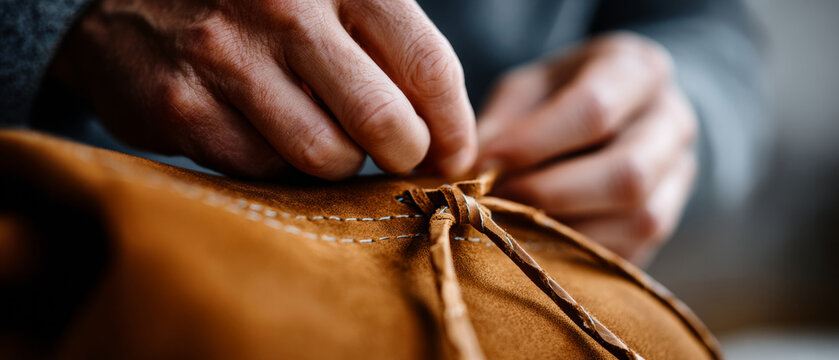 Close-up of hands tying leather shoelaces on brown suede shoes with detailed stitching in soft natural light