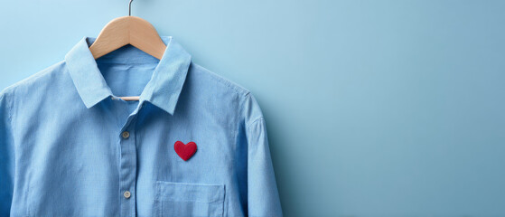 Light blue button-up shirt on wooden hanger with small red heart pin on chest pocket against plain blue background