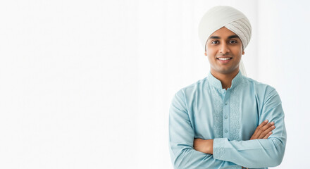 A confident and friendly young Indian man stands with arms crossed, wearing a light blue embroidered kurta and white turban