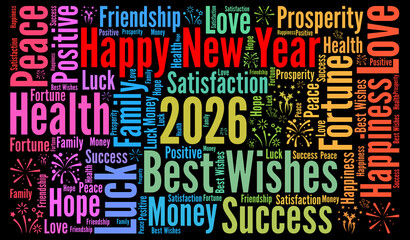Naklejka premium Happy New Year 2026 word cloud 