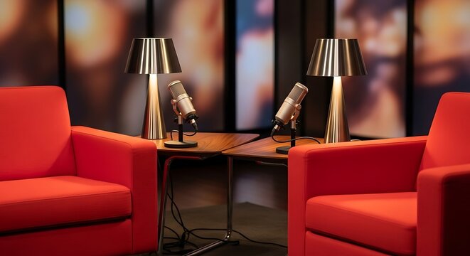 Podcast Studio Setup - Two Red Chairs and Microphones Ready. - Powered by Adobe