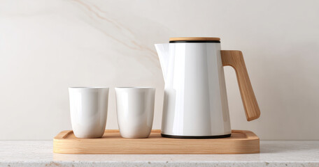 Minimalist white ceramic teapot with wooden handle and lid alongside two matching cups on wooden tray against neutral background