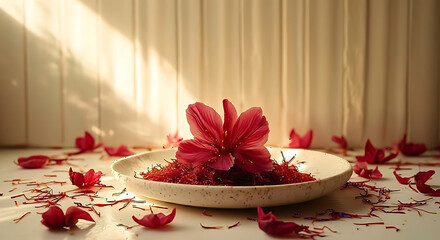 Close up of a red flower on a plate with saffron and scattered petals on a white surface near wall