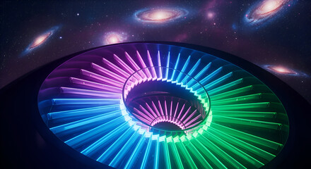 Stunning cosmic vortex with vibrant neon lights and distant galaxies, perfect for a modern, futuristic, or technological theme, radiating energy and mystery