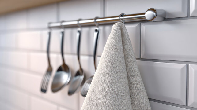 Close-up of kitchen utensils and a textured towel hanging on a stainless steel rail against white tiled wall in modern kitchen
