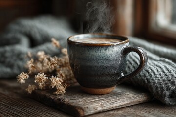 Fototapeta premium Cozy cup of steaming coffee on a wooden table with soft fabrics