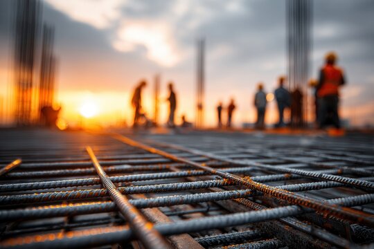 Construction workers preparing a site at sunset with steel reinforcement bars visible - Powered by Adobe