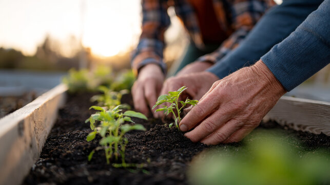 Close-up of hands planting young seedlings in raised garden bed with rich soil during golden hour outdoors