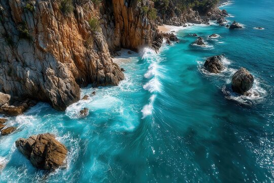 Drone captures stunning views of turquoise waves crashing against rocky mountain cliffs