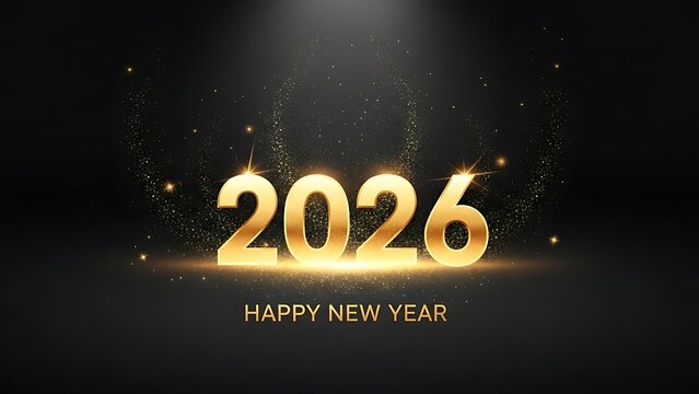 Golden 2026 text with sparkling glitter effect on an elegant backdrop, celebrating the joyous new year festivities.