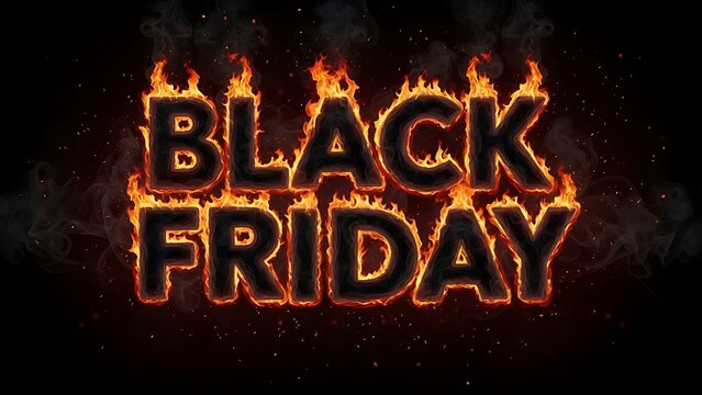 Black friday text ablaze with intense flames and smoke, symbolizing hot deals and massive sales events. dynamic.