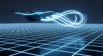 Futuristic drone with neon lights creating dynamic patterns, perfect for tech innovation presentations or modern technology branding visuals