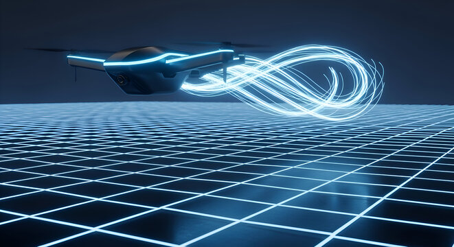 Futuristic drone with neon lights creating dynamic patterns, perfect for tech innovation presentations or modern technology branding visuals