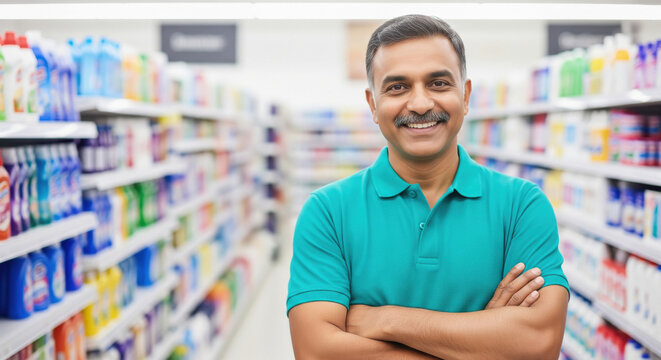 middle age man standing confidently at grocery shop