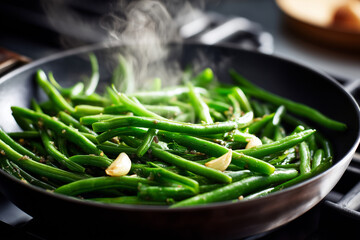 Close-up green beans being sauted in pan with garlic, steam rising, warm kitchen lighting,