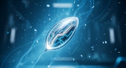 Glowing digital seed capsule with internal circuit patterns, sci-fi biology.