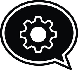 Black and white icon of a speech bubble containing a white gear symbol representing settings or configuration