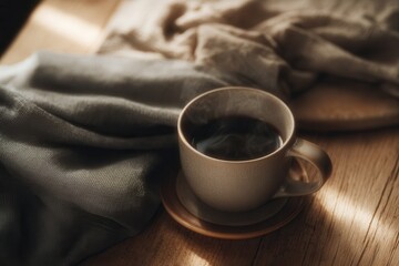 Steaming coffee cup on wooden table creates a cozy and elegant atmosphere