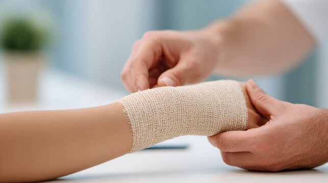 Close-up of a healthcare professional wrapping a bandage around a patient's wrist in a clinical setting for injury treatment and support - Powered by Adobe