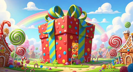 Obraz premium Giant colorful gift box with ribbon and candies in a whimsical land.