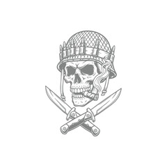 Gritty Military Skull Emblem with Crossed Knives and Cigar Design Illustration