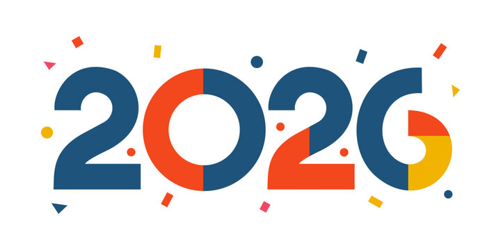 Colorful modern 2026 typography design with geometric shapes and festive confetti elements. Perfect for New Year celebration, event promotion, greeting cards, calendars, party invitations, and holiday