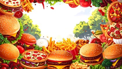 Abundant Fast Food Frame Border with Burgers, Pizza, and Fries Set Against a Bright Outdoor Background