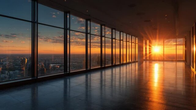 Contemporary Office Interior With Panoramic Cityscape Views At Golden Hour Sunset - Powered by Adobe