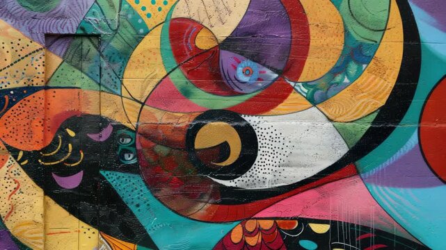 Colorful abstract mural with swirling patterns and fish motifs on wall