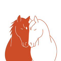 Two Loving Horses Illustration. Minimalist line art of two horses gently touching heads, symbolizing tenderness, unity, and harmony.