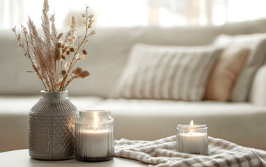 Cozy Hygge Home Interior Decor with Dried Pampas Grass in Grey Ribbed Vase and Burning Candles on Coffee Table Neutral Tones