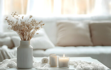 Cozy White Home Interior Decor with Dried Flowers in Ribbed Vase and Burning Candles Hygge Style