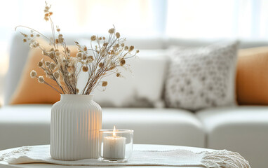 Cozy Modern Living Room Interior Decor with Dried Flowers in White Ribbed Vase and Burning Candle Hygge Style