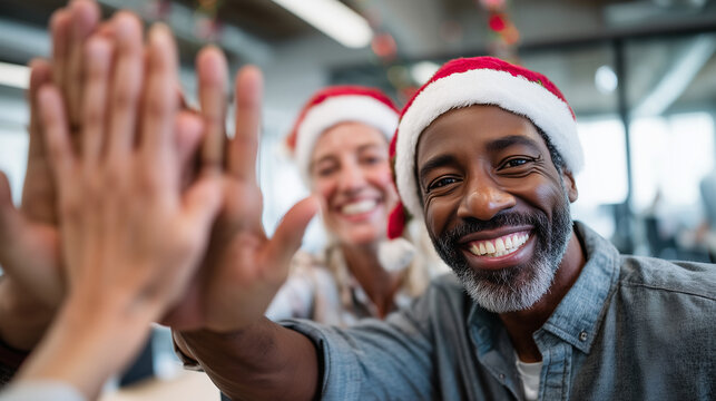 Young diverse creative team high-fiving with Santa hats, defocused Christmas decorations, festive office workshop, holiday success celebration, winter teamwork spirit, seasonal mar - Powered by Adobe
