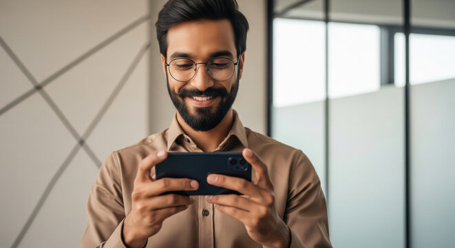 happy corporate man using smartphone