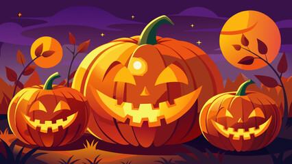 Halloween night with glowing pumpkins