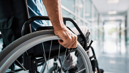 Man navigating a wheelchair through a hospital corridor in a focused and determined manner during the afternoon