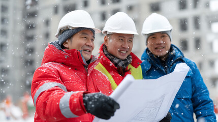 Three Asian engineers at winter construction site, Christmas overtime work, holiday building project, seasonal team discussion, frost-covered blueprints, with copy space logo,