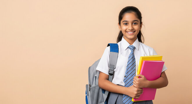 A happy, confident Indian schoolgirl in uniform stands with her backpack and colorful notebooks - Powered by Adobe