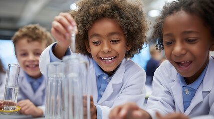 Close-up science experiment in classroom, children pouring liquid into test tube, excited expressions,
