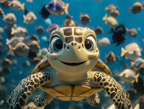 Animated Sea Turtle Smiling and Swimming Amongst Fish in the Ocean