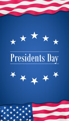 Wavy United States flags framing a blue background with Presidents Day text.