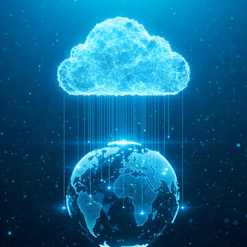 Stunning digital cloud connecting to Earth, representing global network solutions and international data transfer for modern business and technology companies