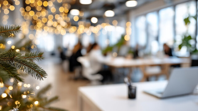 Busy modern office interior with blurred workers and Christmas decorations, defocused festive lights, winter workplace scene, holiday corporate environment, seasonal business activ