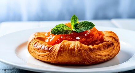 Indulge in a delectable apricot danish pastry topped with fresh mint leaves, a perfect treat for breakfast or brunch delight