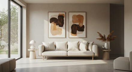 Minimalist Luxury Living Room with Neutral Tones and Garden View