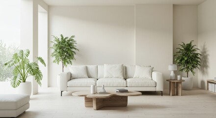 Minimalist Modern Living Room Interior with White Sofa and Green Plants